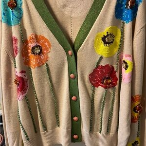 QUEEN OF SPARKLES Floral Embellished Cardigan in Cream and Green
